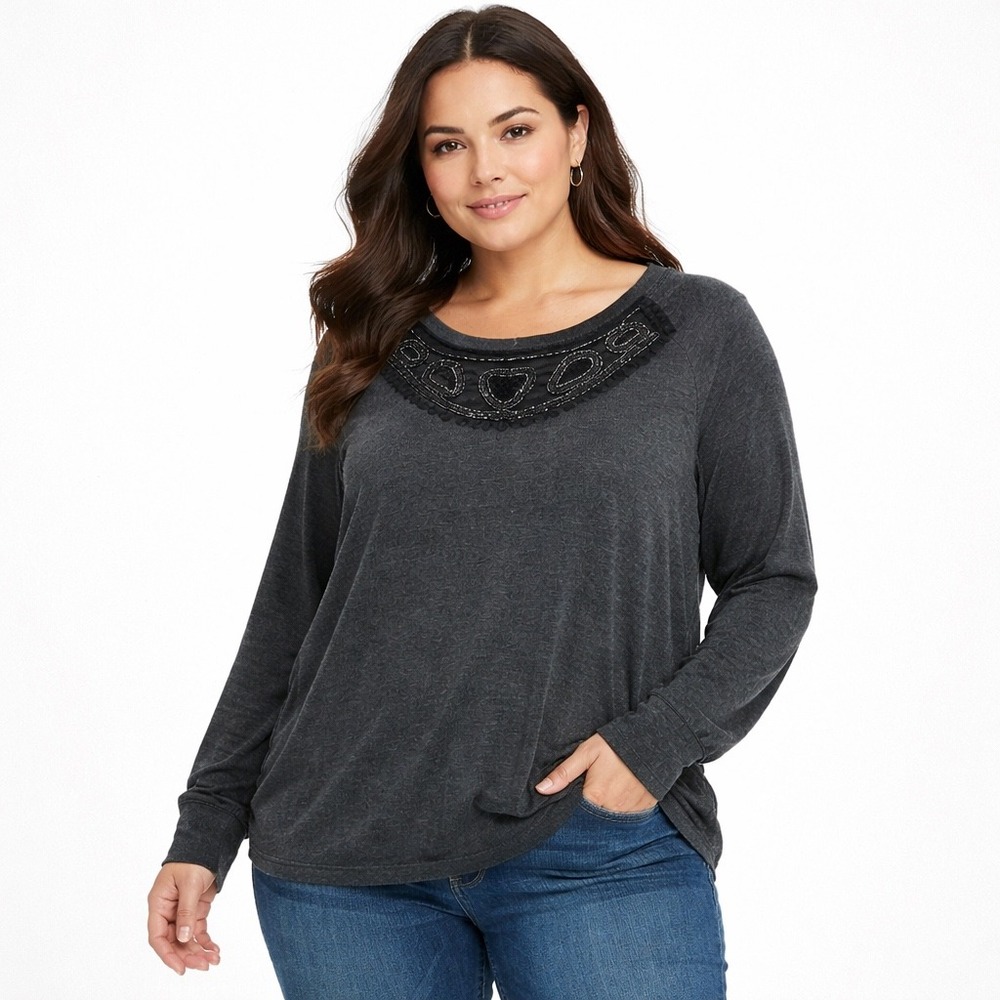 Lane Bryant Top Womens Size 14/16‎ Embellished Sweatshirt Faded Black Charcoal